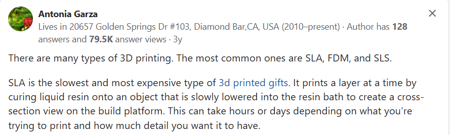 quora answer about types of 3d printing